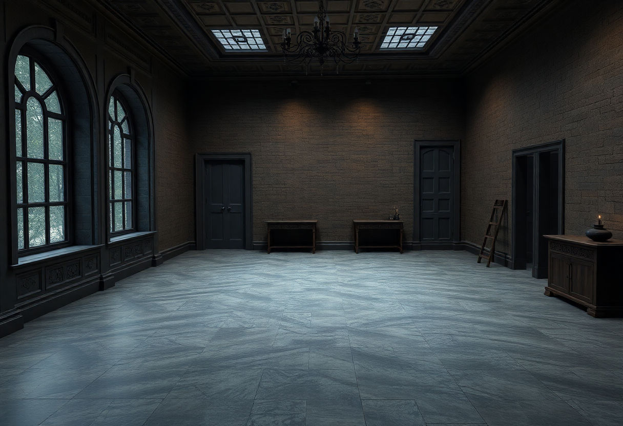 Materials and textures examples in a Dark Academia themed room.
