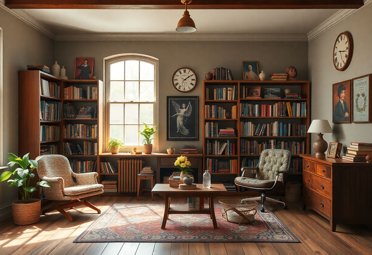 A room with bookshelves and vintage decor elements.