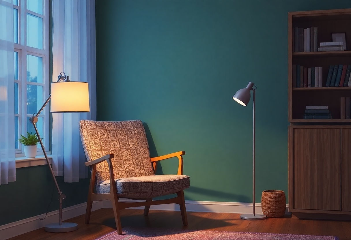 A comfortable chair next to a reading lamp.
