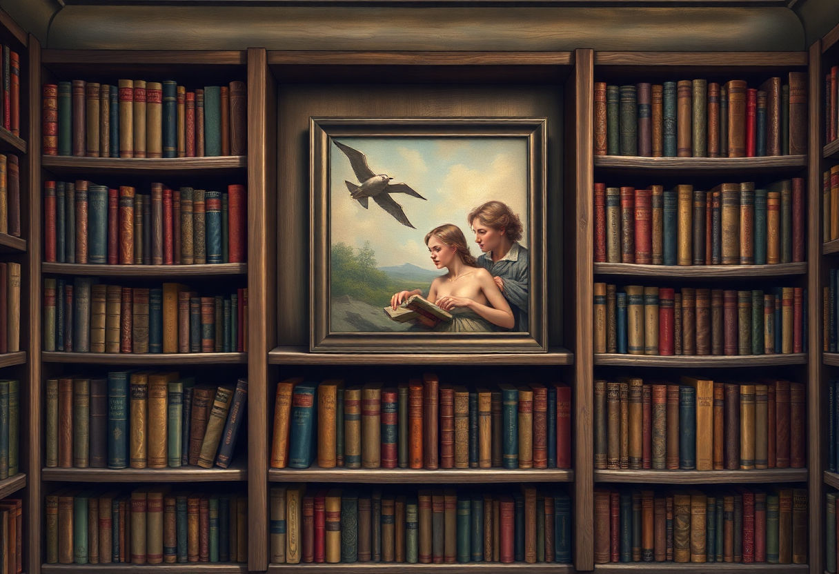 Bookshelves filled with classic literature and art.