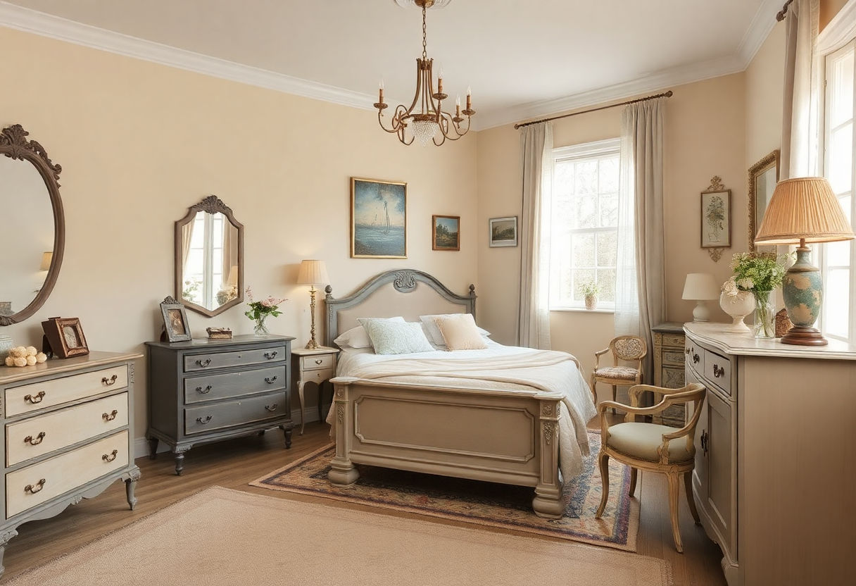 Vintage furniture and muted colors in bedroom