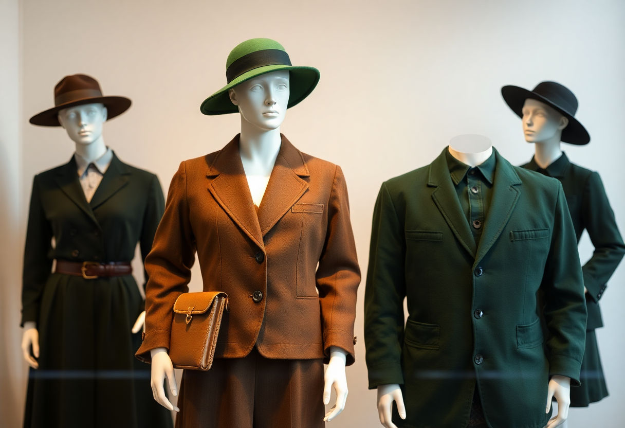Mannequins dressed in dark green vintage-inspired clothing