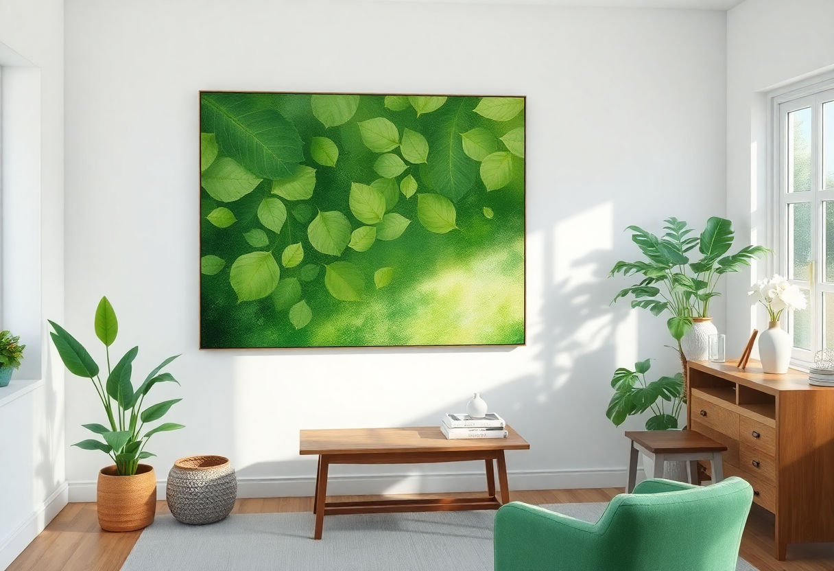 Calming green art piece in a study room