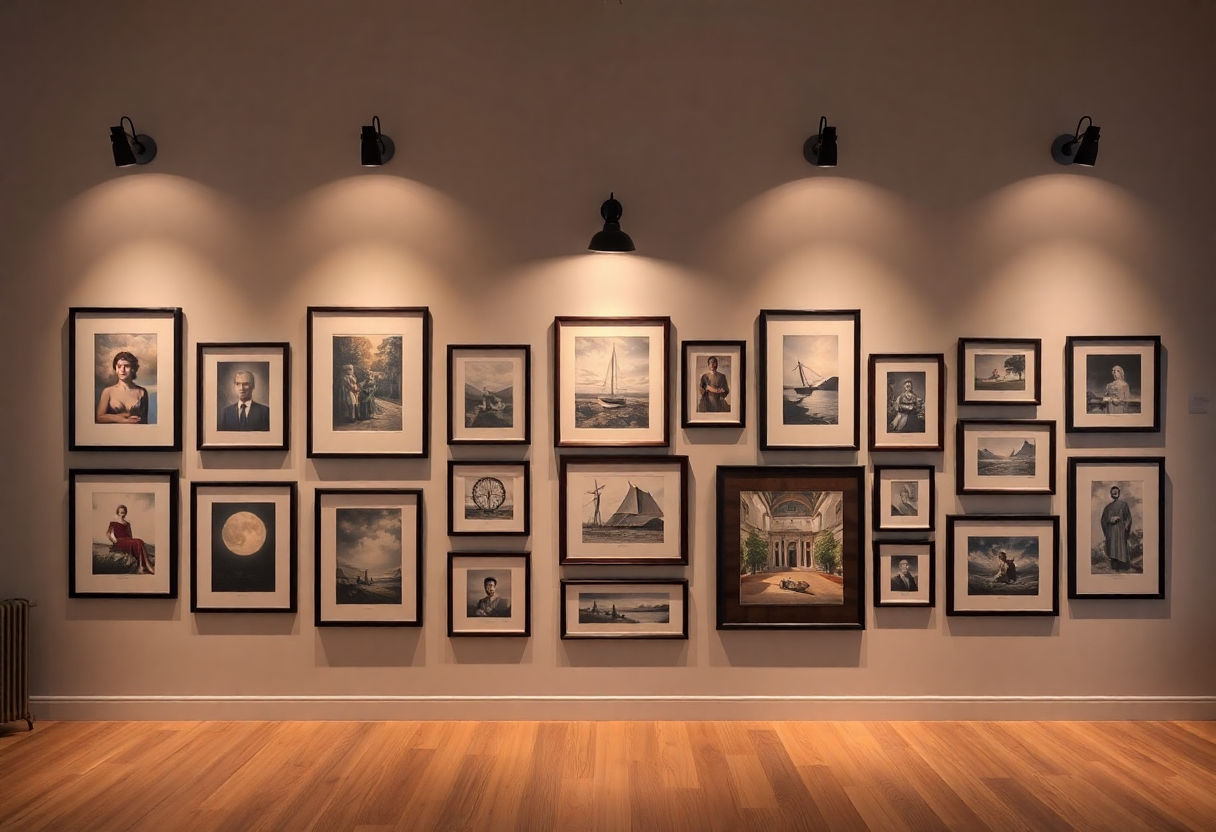 Gallery wall with varied lighting
