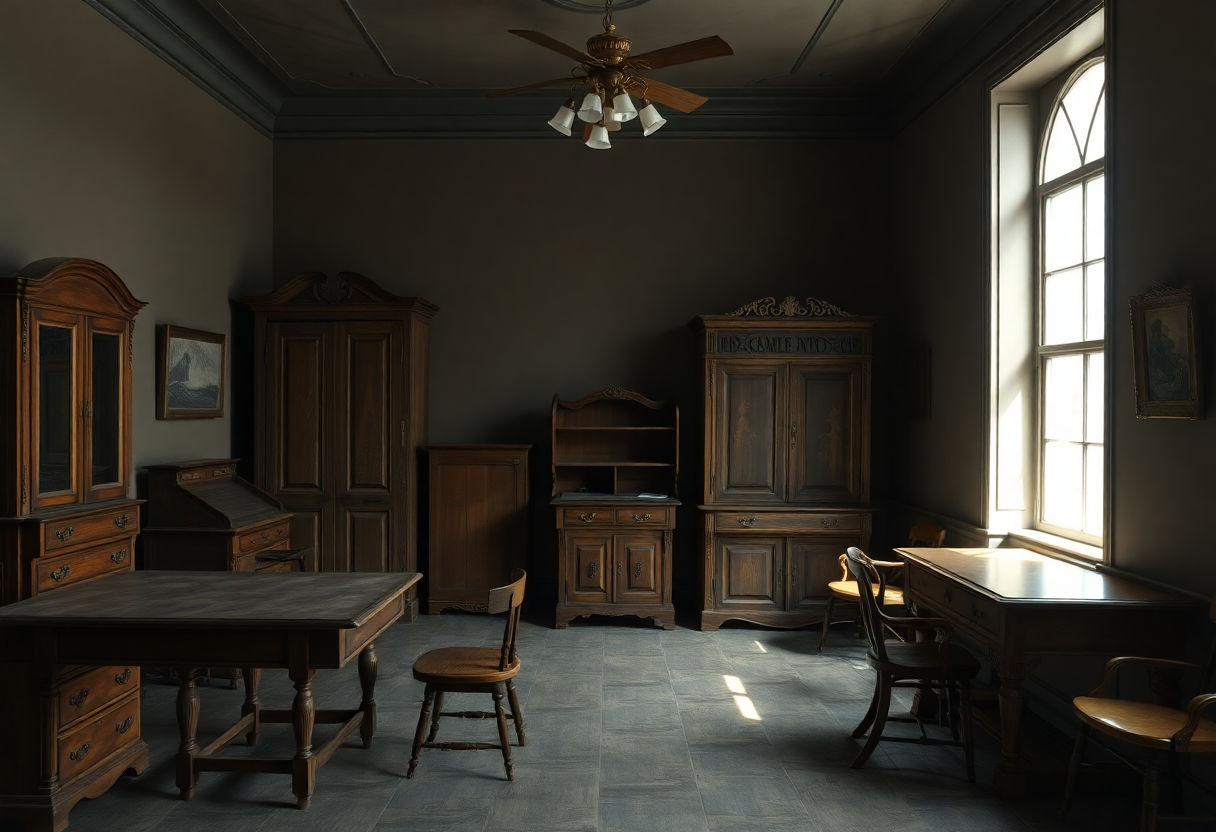 Antique furniture in a dark academia room