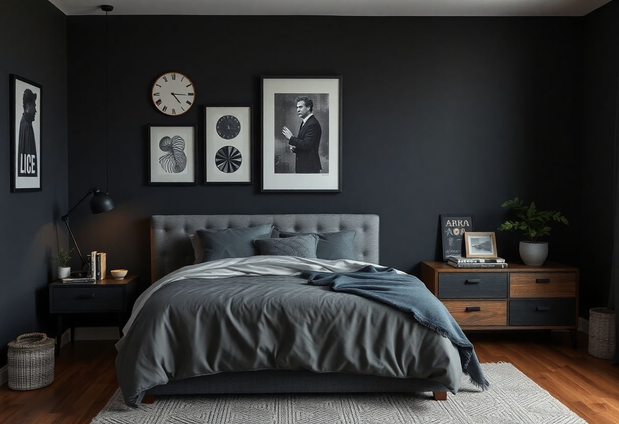 Personalized decor elements in a dark-themed bedroom