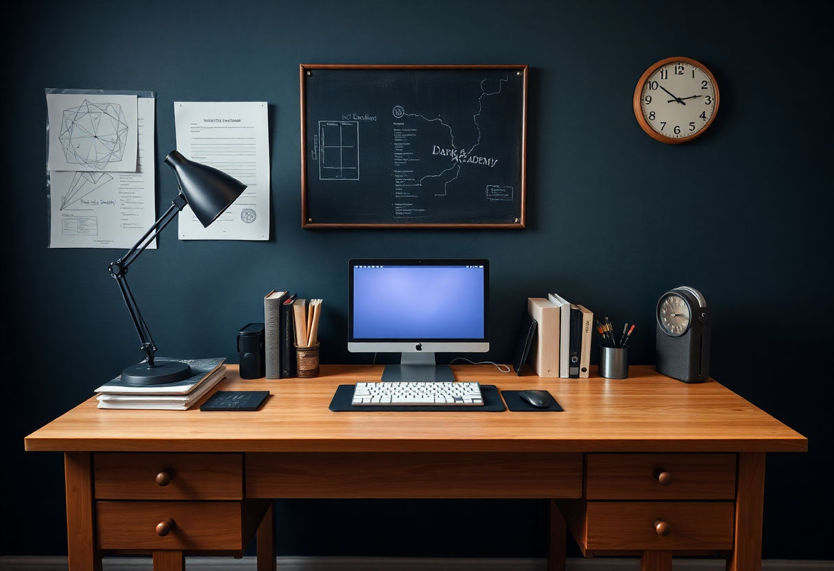 A neatly styled dark academia-themed study desk