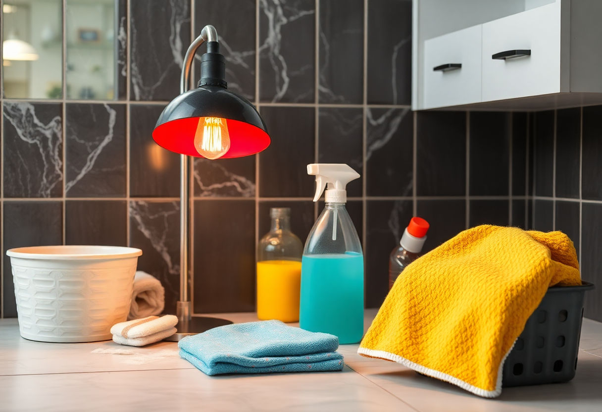 Cleaning supplies next to a lamp