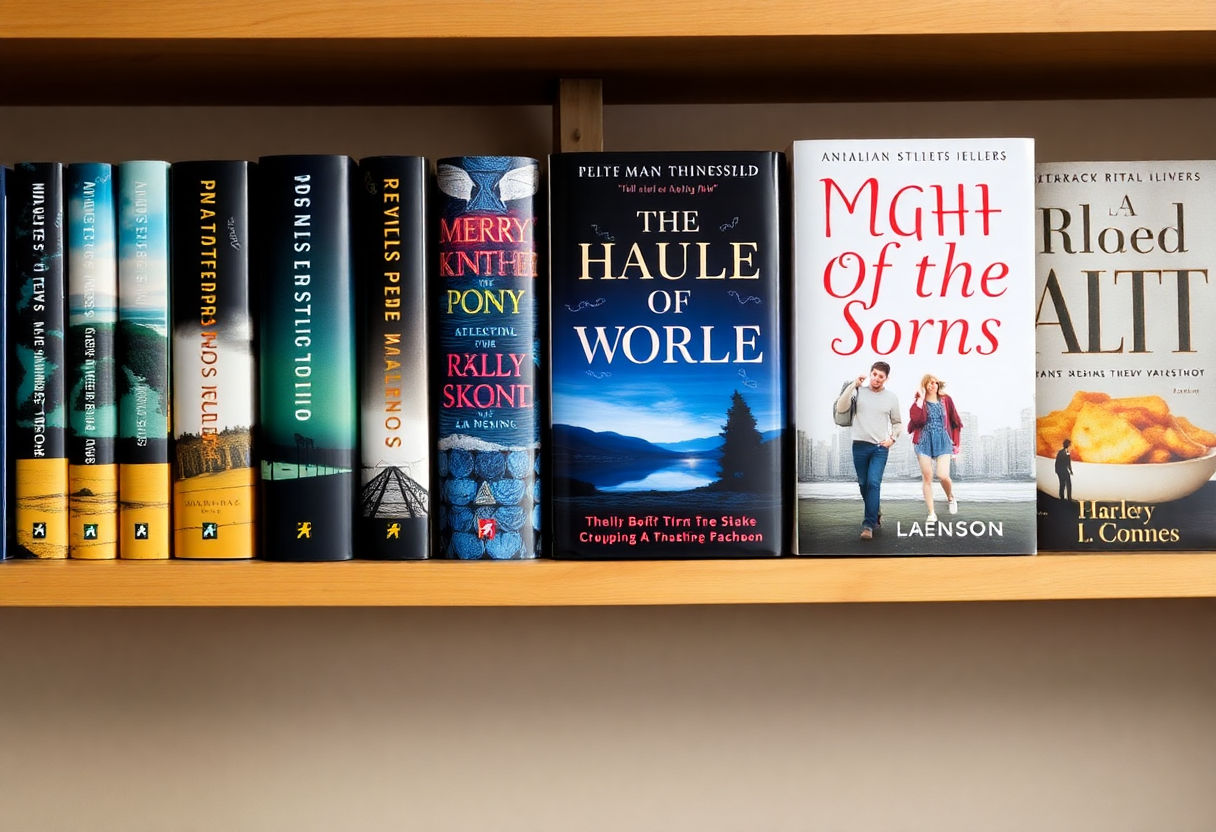 Books by bestselling authors on a shelf