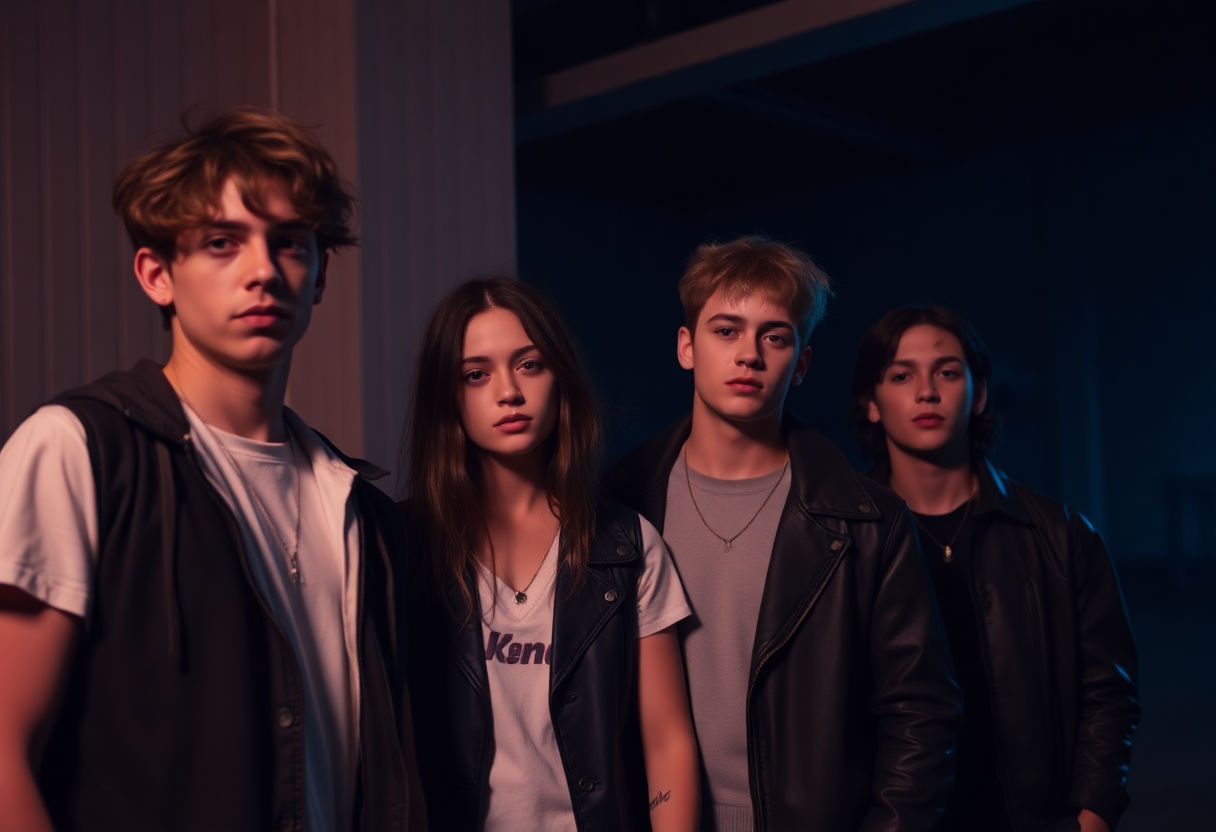Stylish young individuals in a moody setting.
