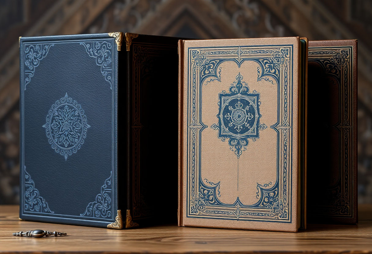Books with dark covers and ornate designs.
