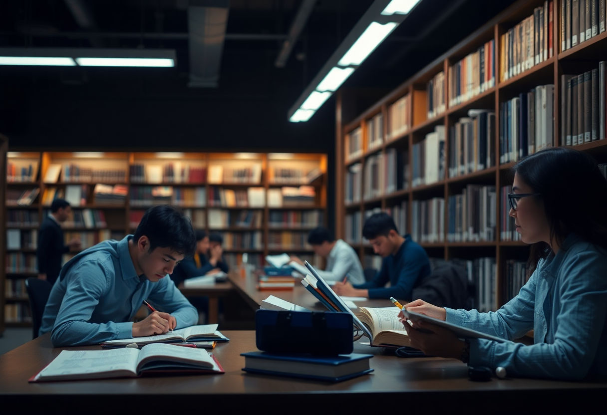 Students studying in a dimly-lit library.
