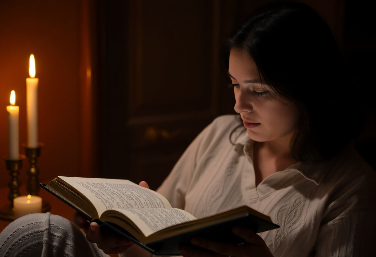A person reading a book by candlelight.