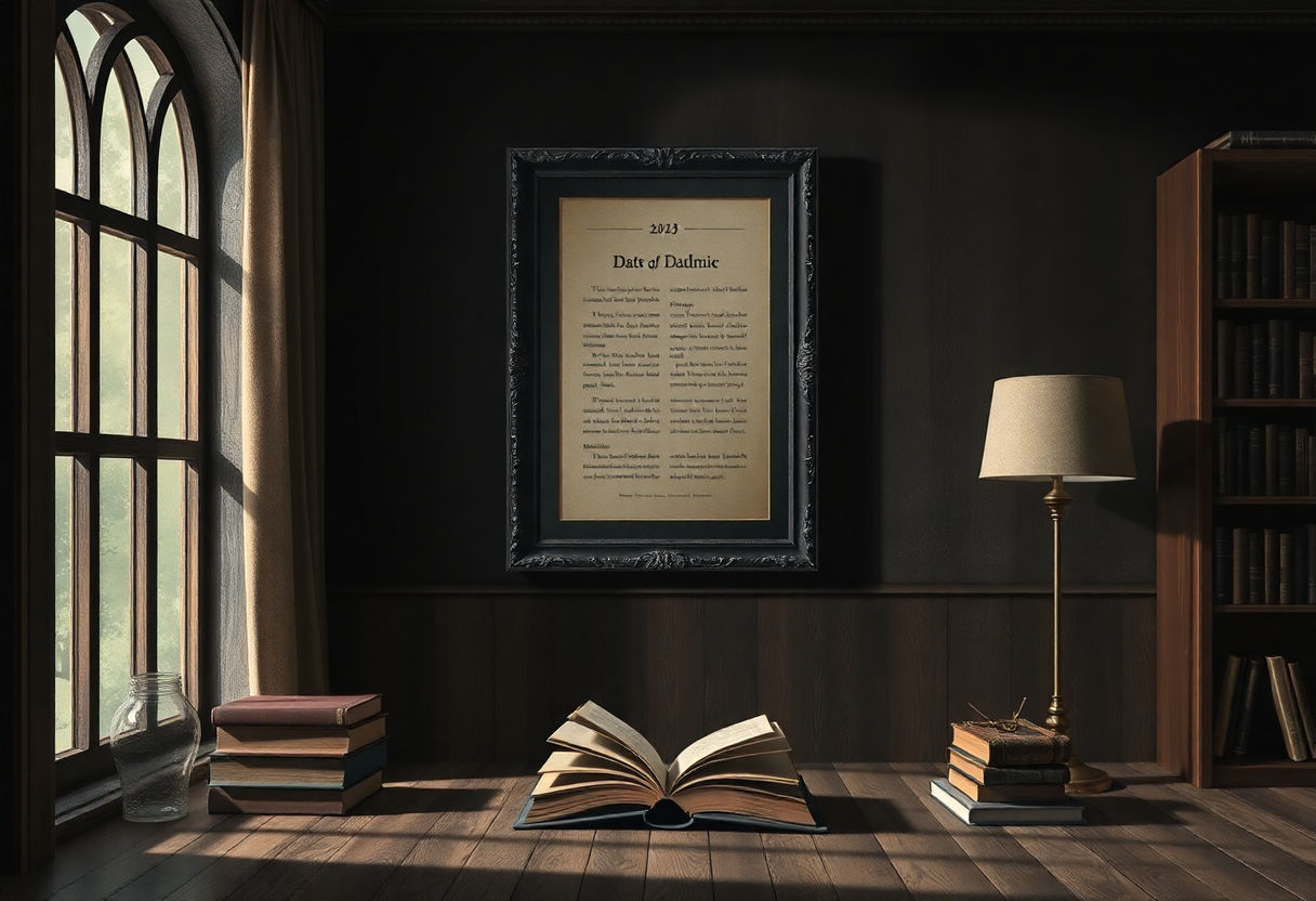 Books and framed art in a dark academia styled room