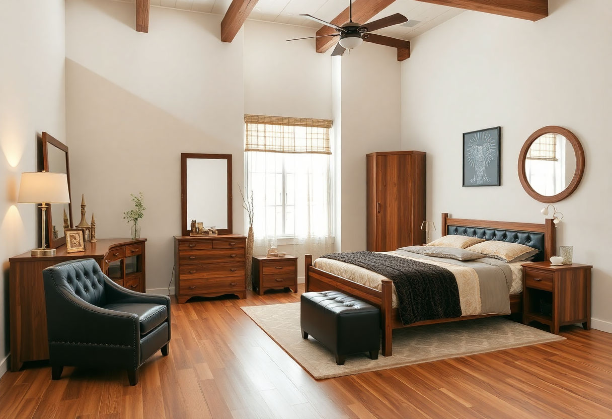 Wooden and leather furniture in a bedroom setting