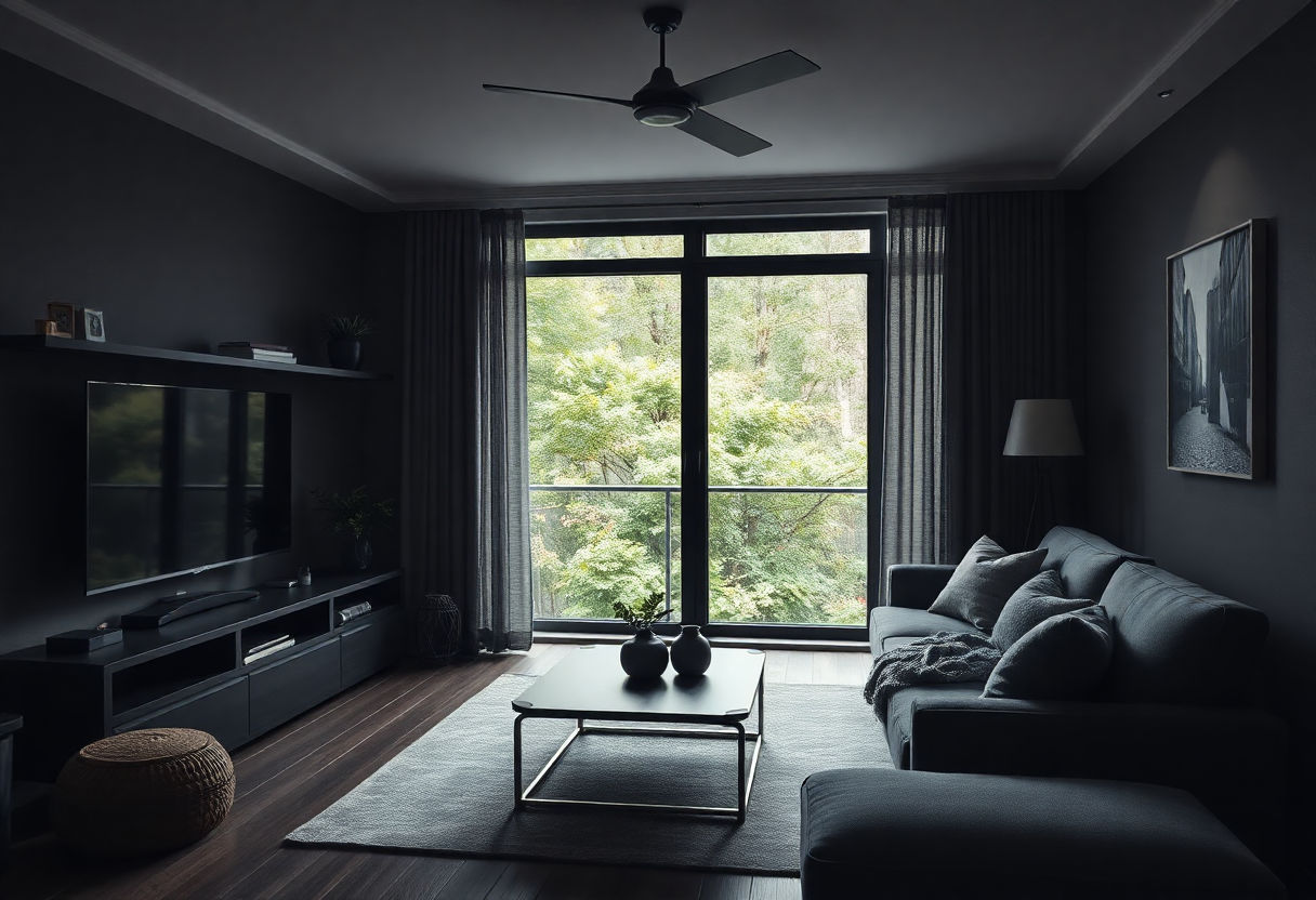 Cozy corner of a dark-themed living room.