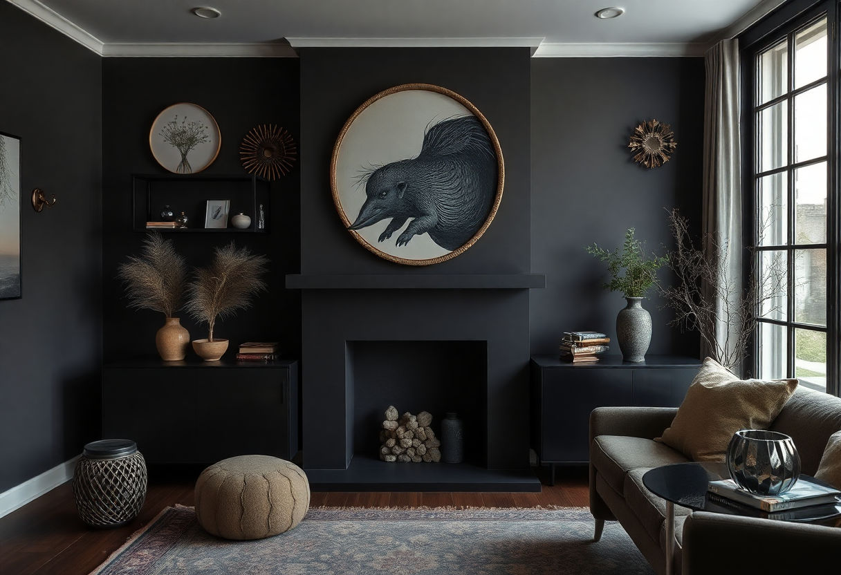 Decorative accents in a dark-themed room.