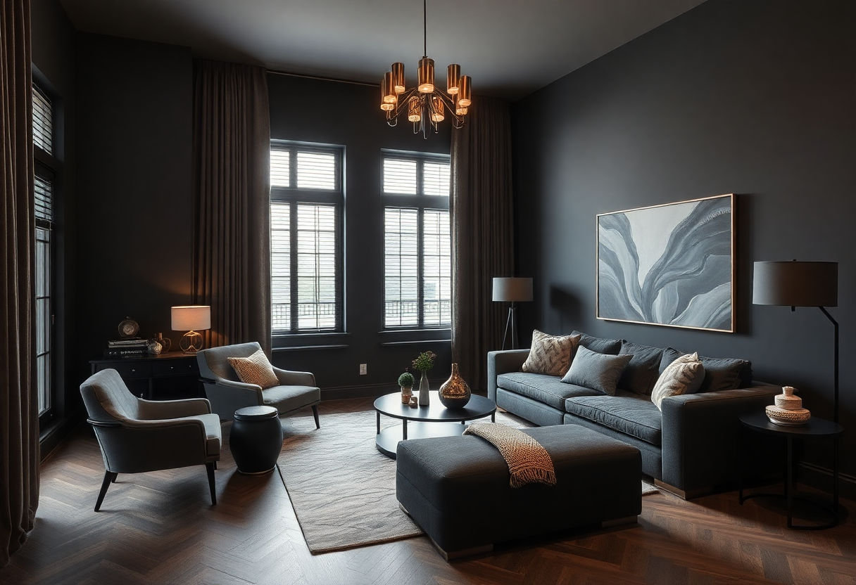 Sophisticated dark room with modern accents.