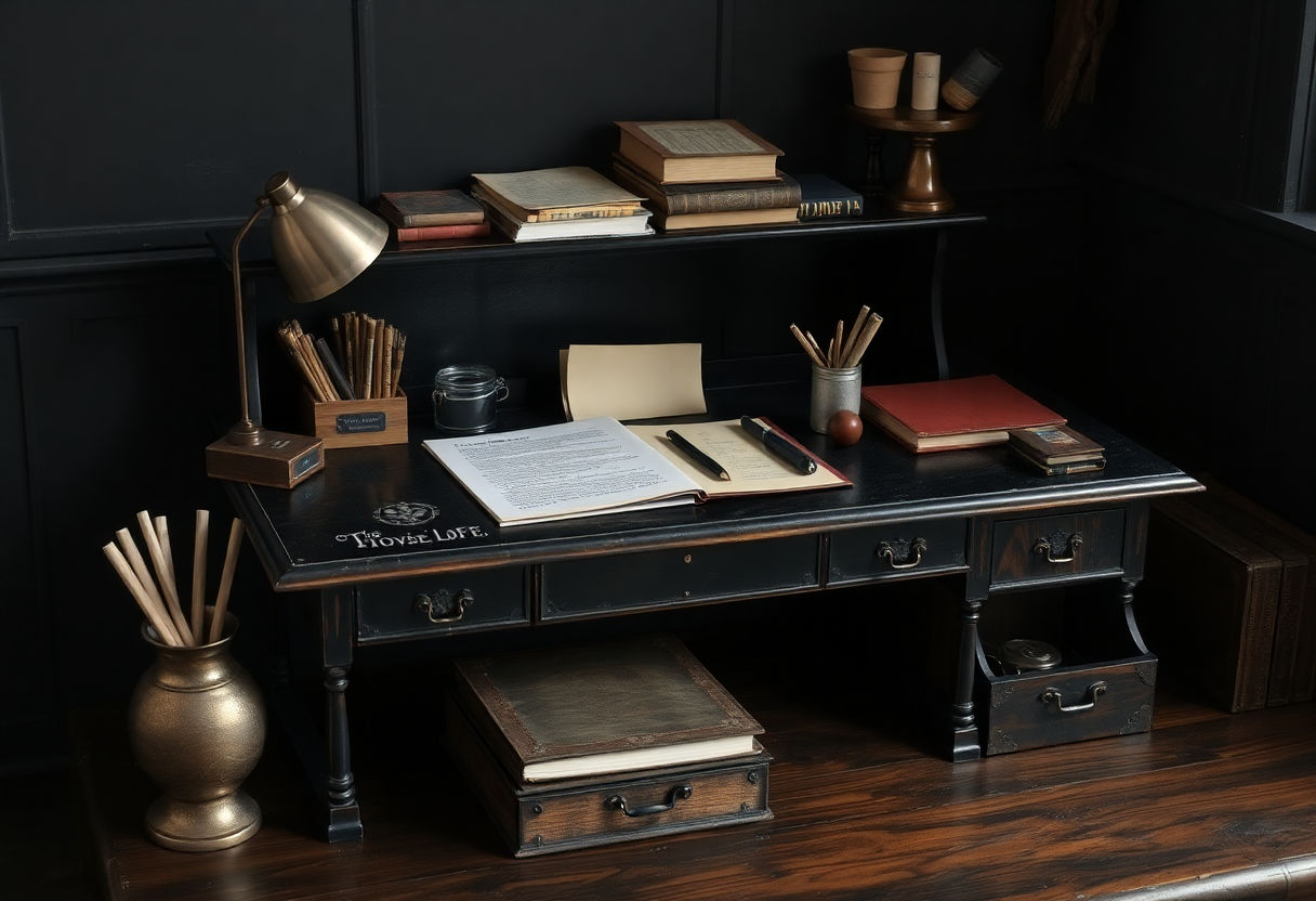 Dark-themed vintage desk with writing materials