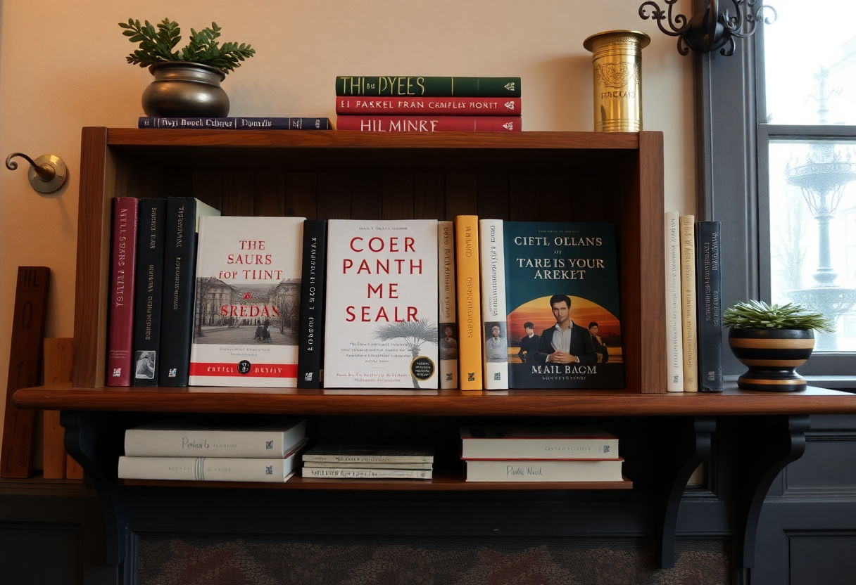 Display of modern novels on a quaint bookshelf