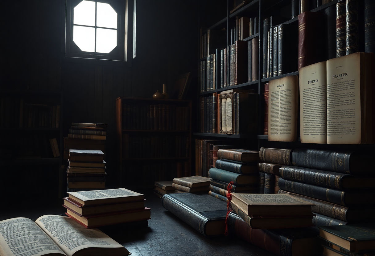 Collection of classic novels in a dimly lit room
