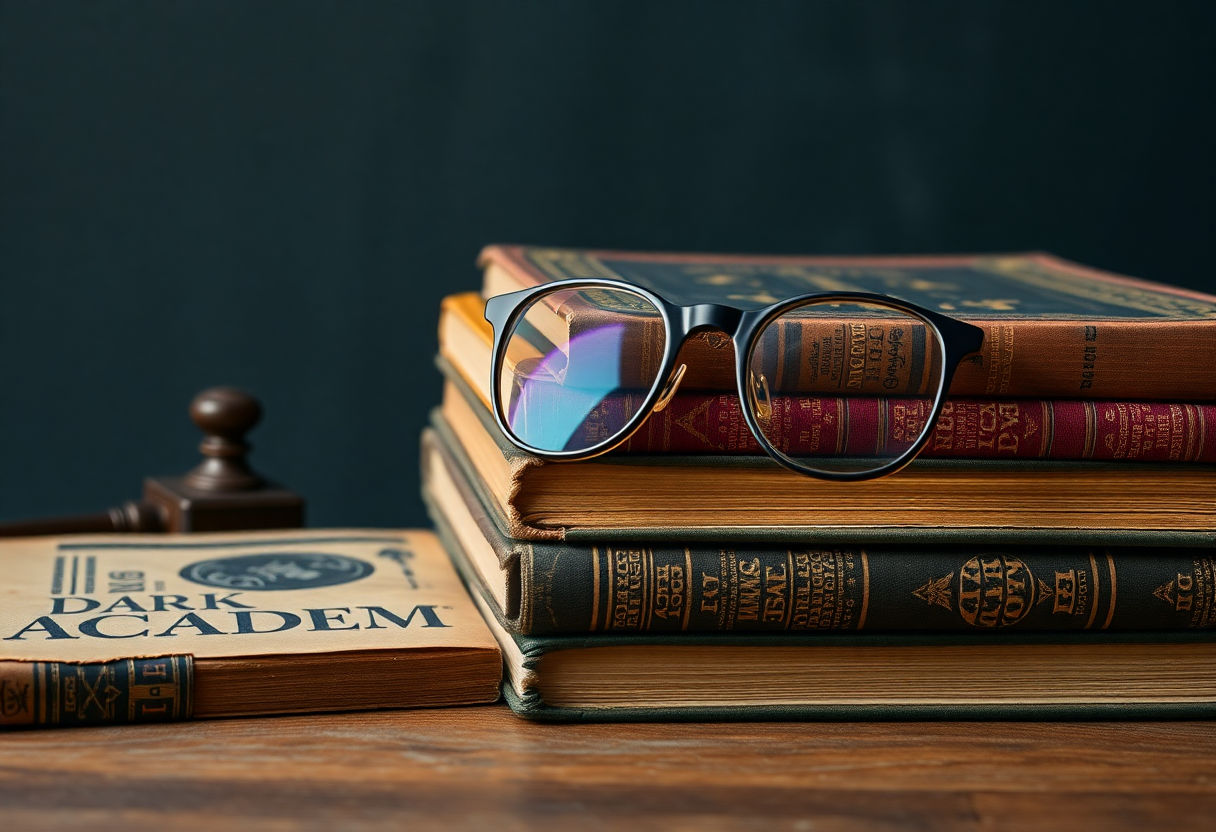 Vintage books and a pair of dark academia glasses