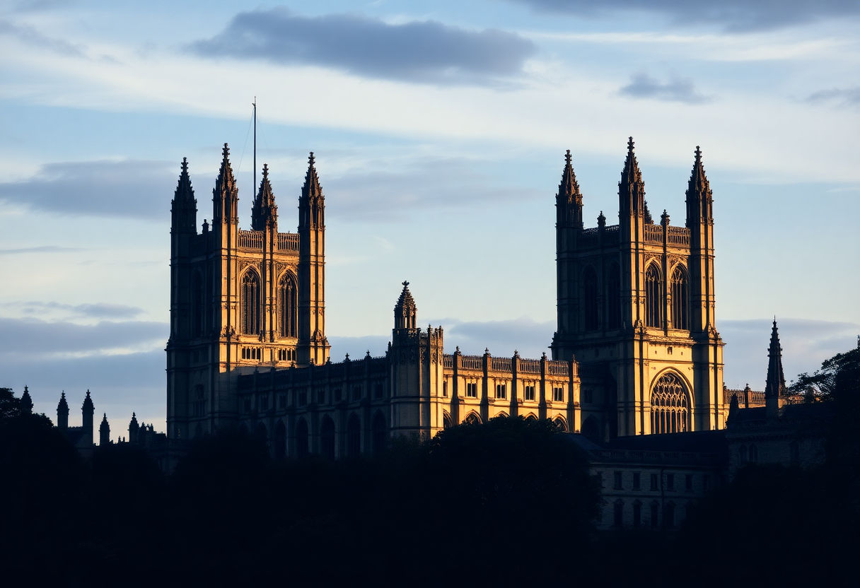 Gothic towers of the University of Cambridge in silhouette