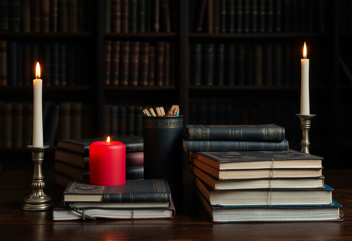 Books and candles on a wooden table symbolizing dark academia