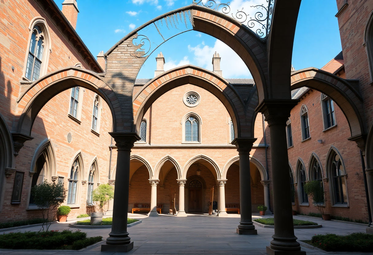 Historic Gothic arches in a university courtyard