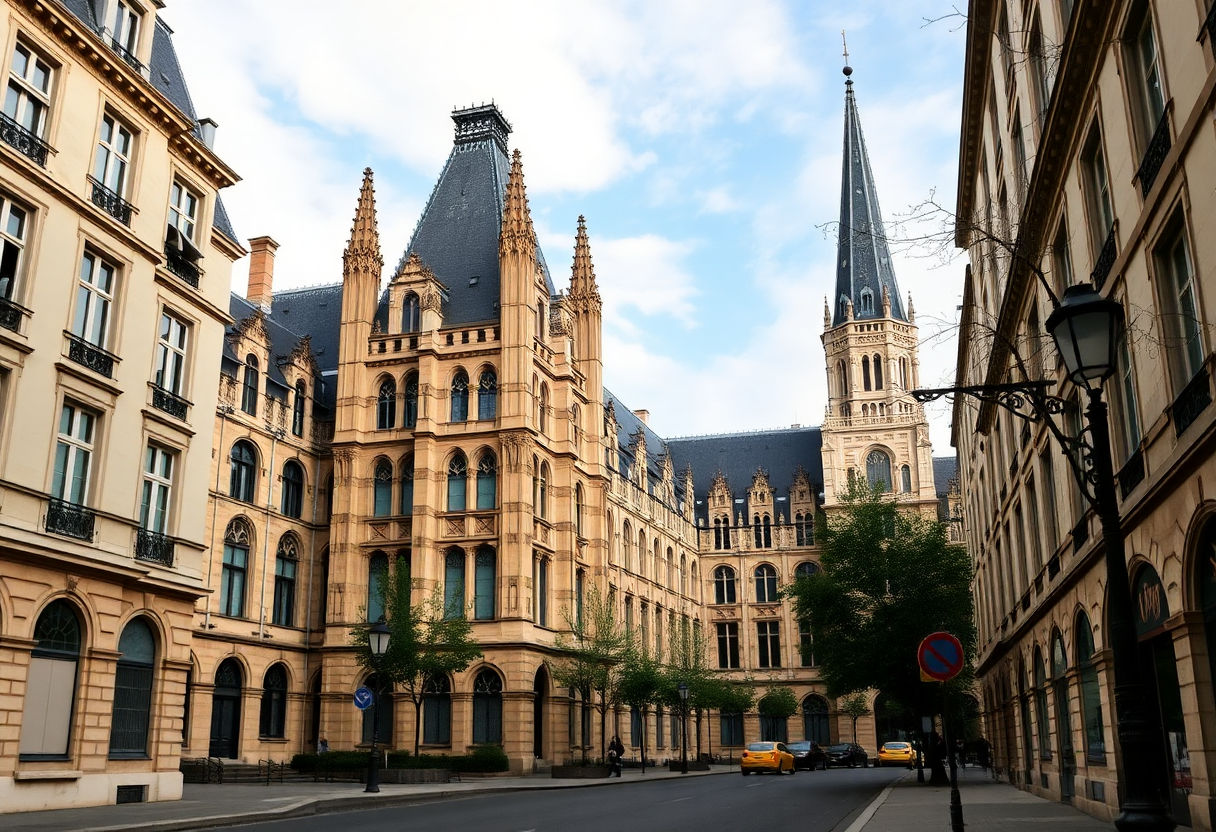 Sorbonne University's distinct Gothic architecture from a street view