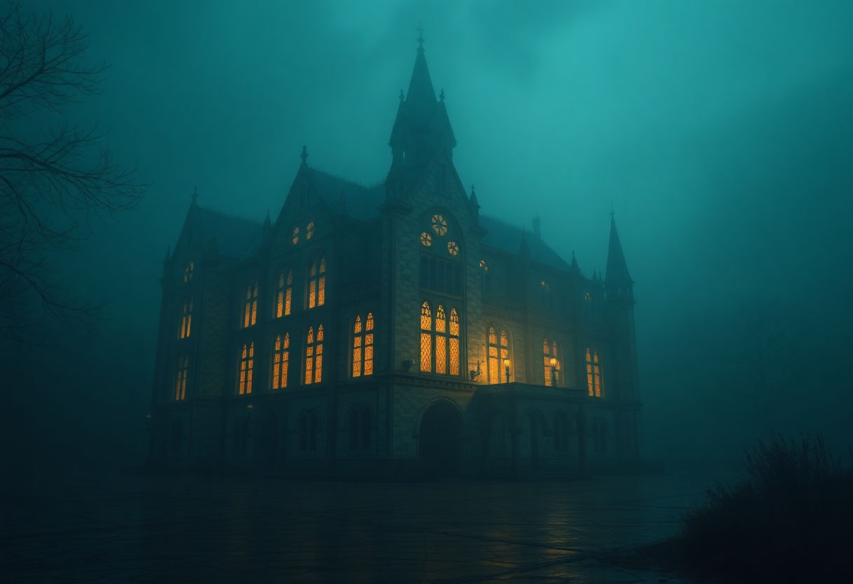A misty, dimly-lit gothic building