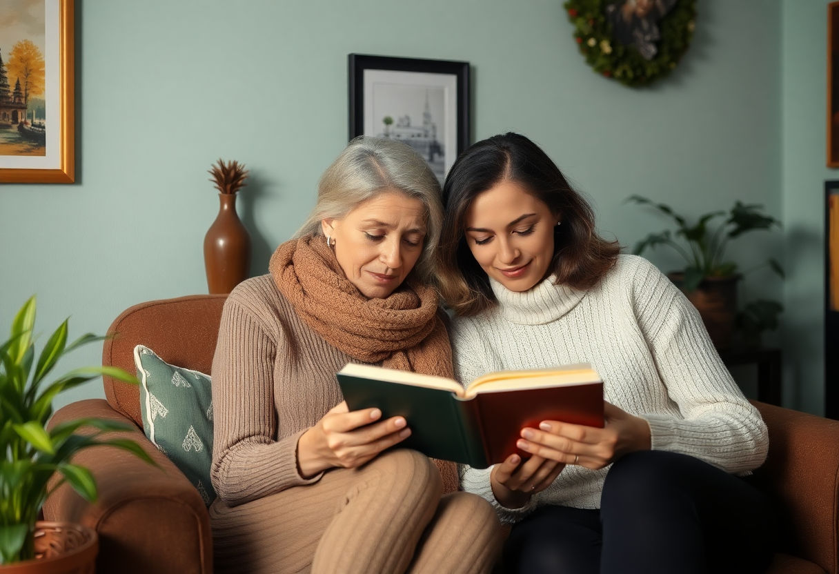 Two women reading together in a cozy setting