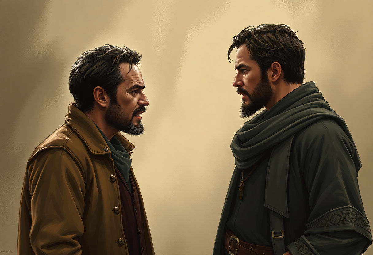 Two characters engaging in an intense conversation
