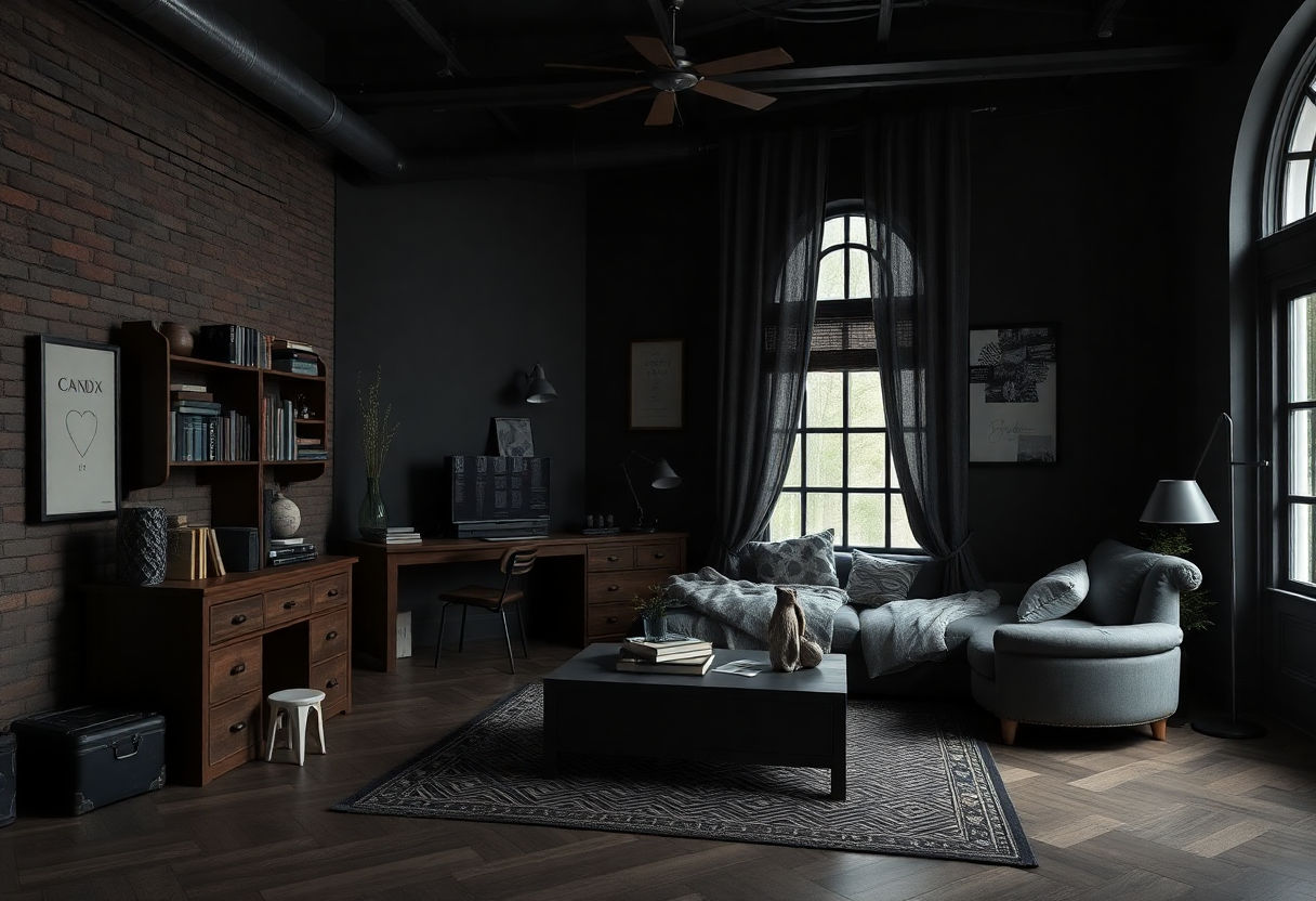 Cohesive dark academia themed room setup.