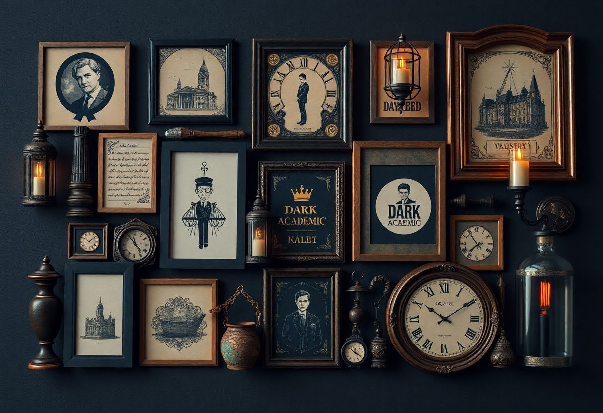 Collage of dark academia themed decor items.