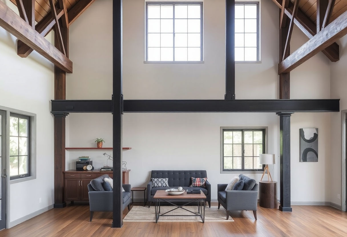Exposed beams and metal accents in a room