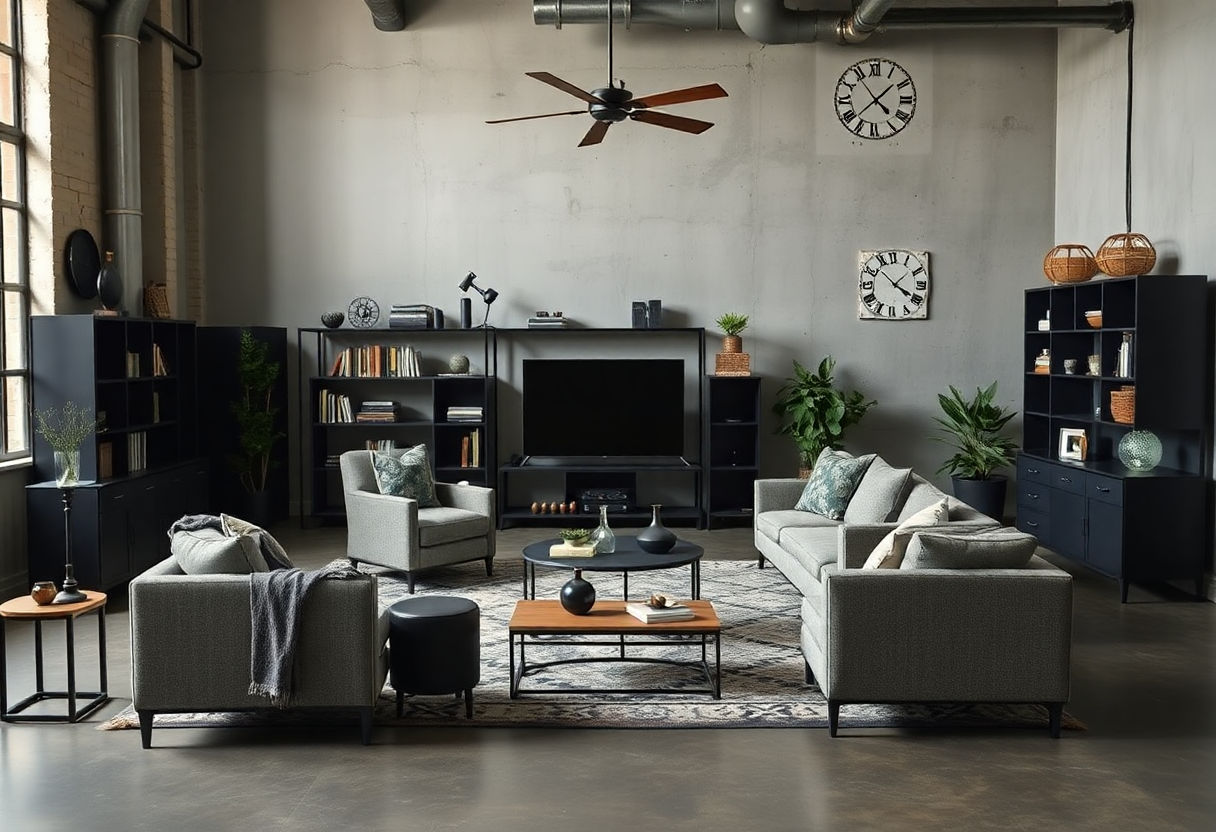 Furniture arrangement in Industrial Dark Academia style