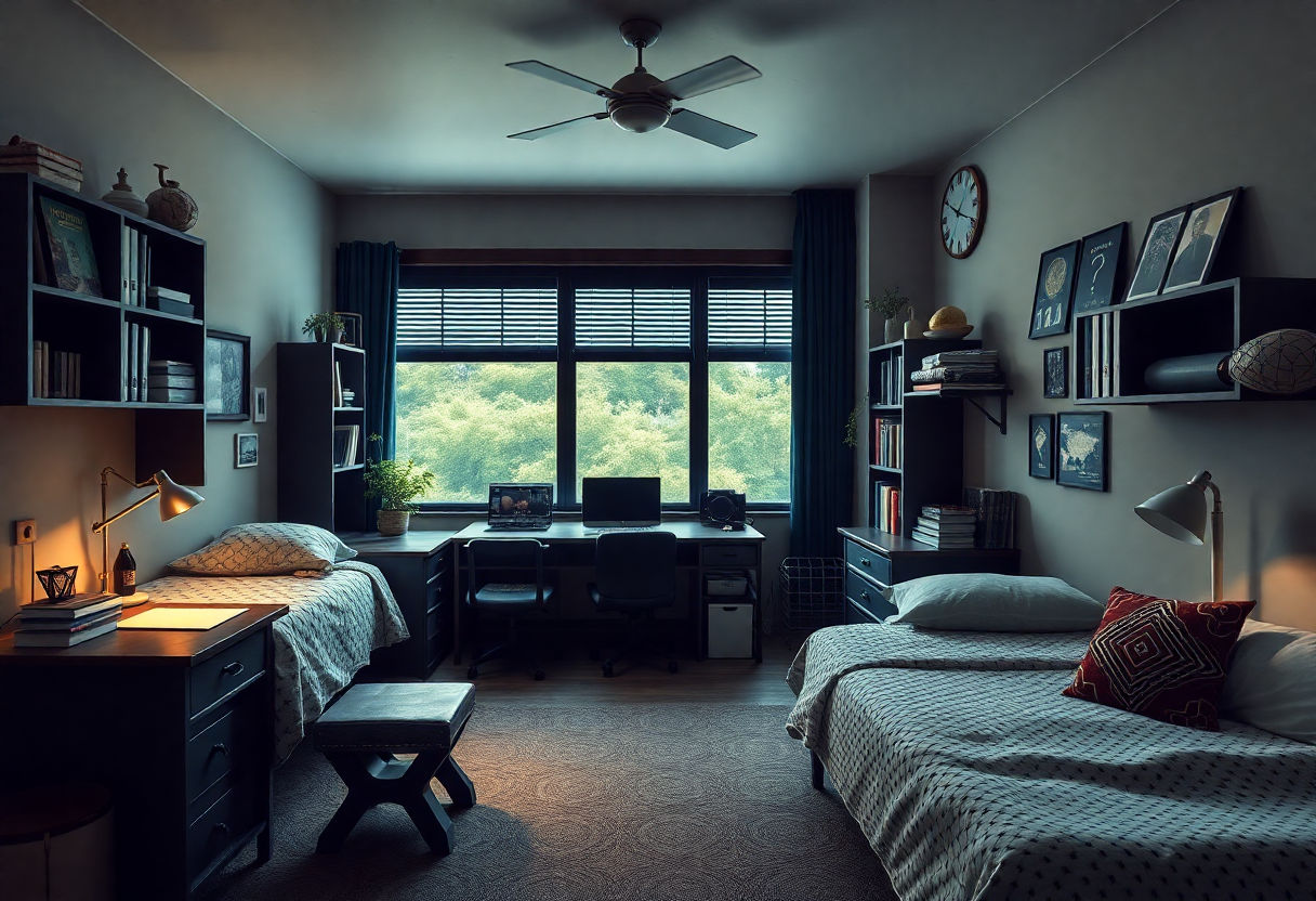 Dorm room with dark academia themed furniture