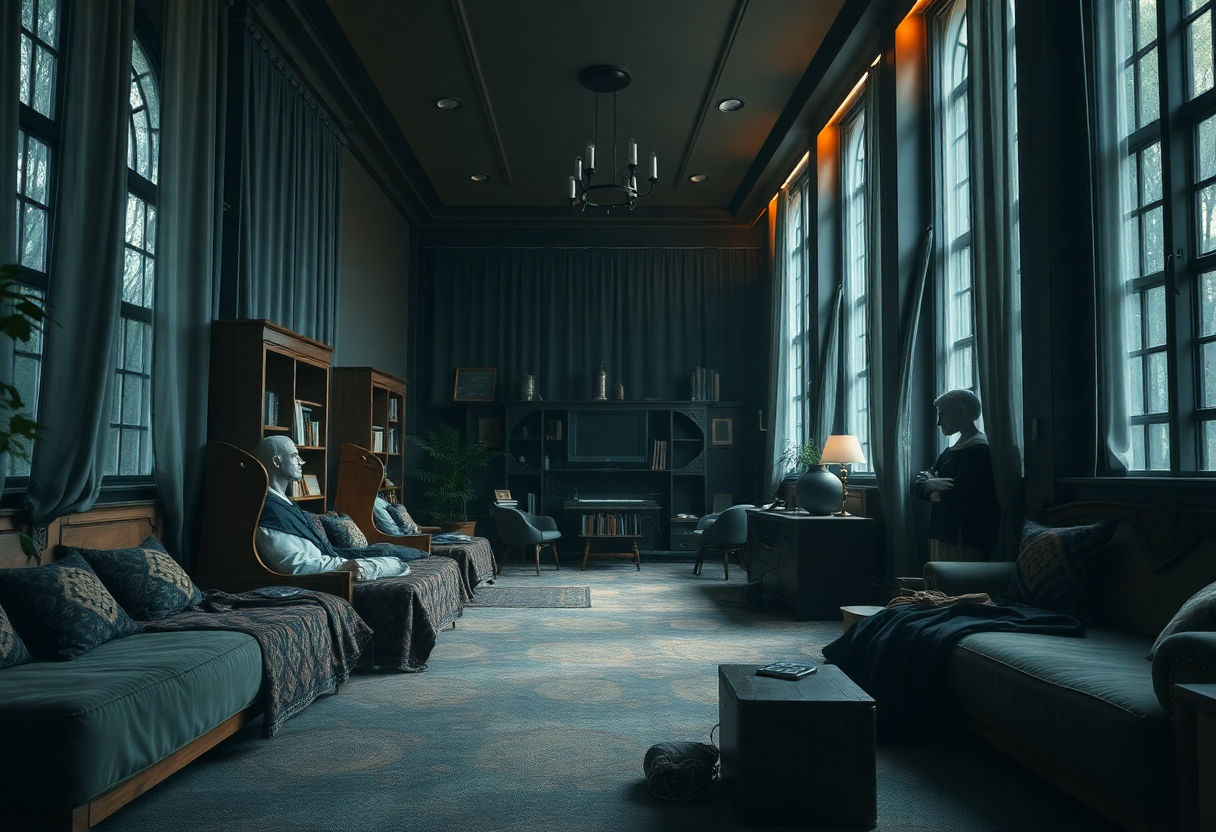 Luxurious textiles in a dark academia dorm