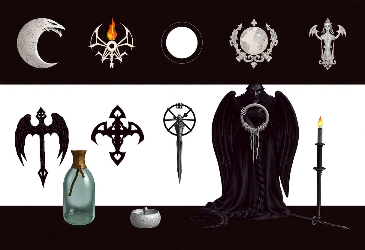 Symbolic items depicting common Dark Academia themes.