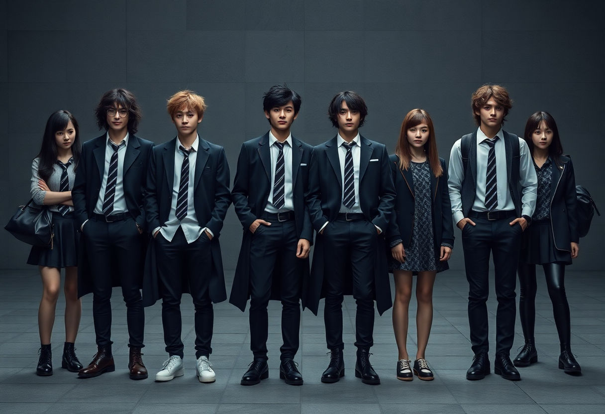 A group of students dressed in Dark Academia style.
