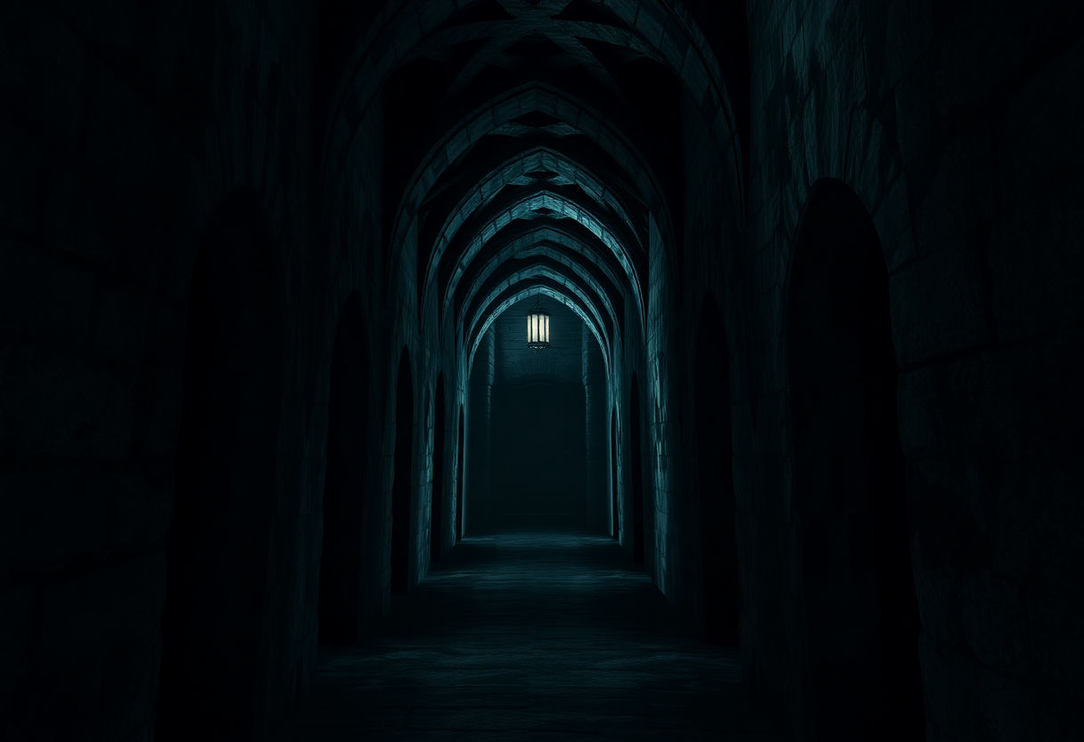 An intricate, dark hallway in a castle