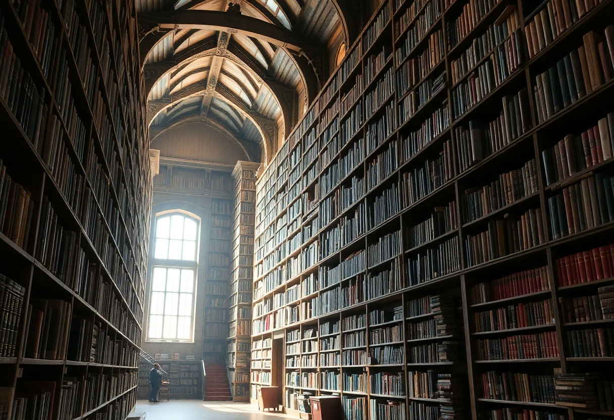 An old library with towering bookshelves