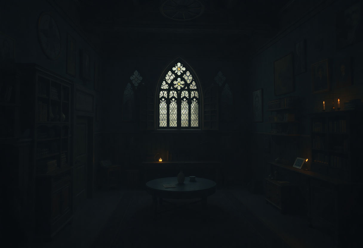 A dimly lit Hogwarts room filled with shadowy corners