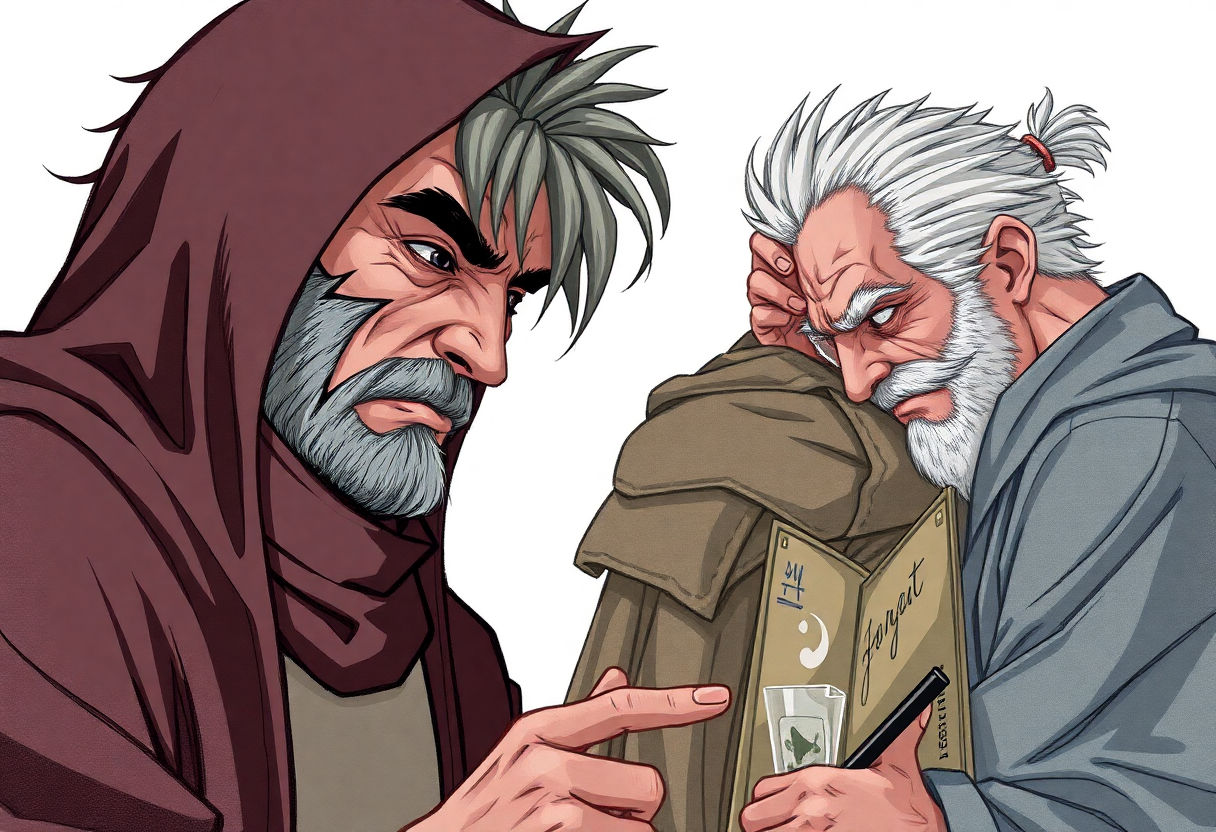 Illustrations of complex characters engrossed in studies