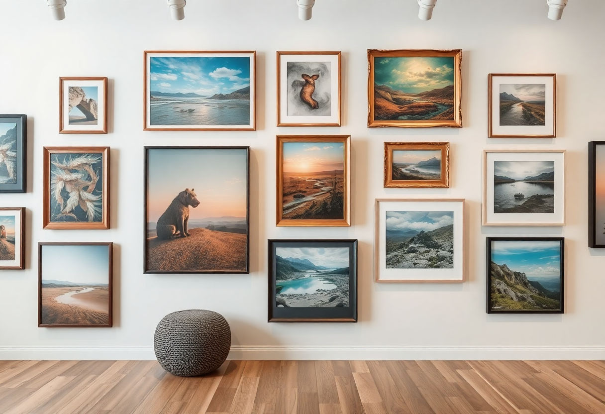 Arranged art pieces on gallery wall