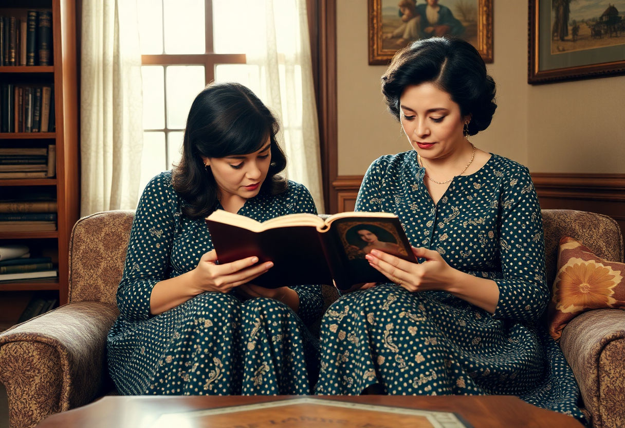 Two women reading together in a vintage setting