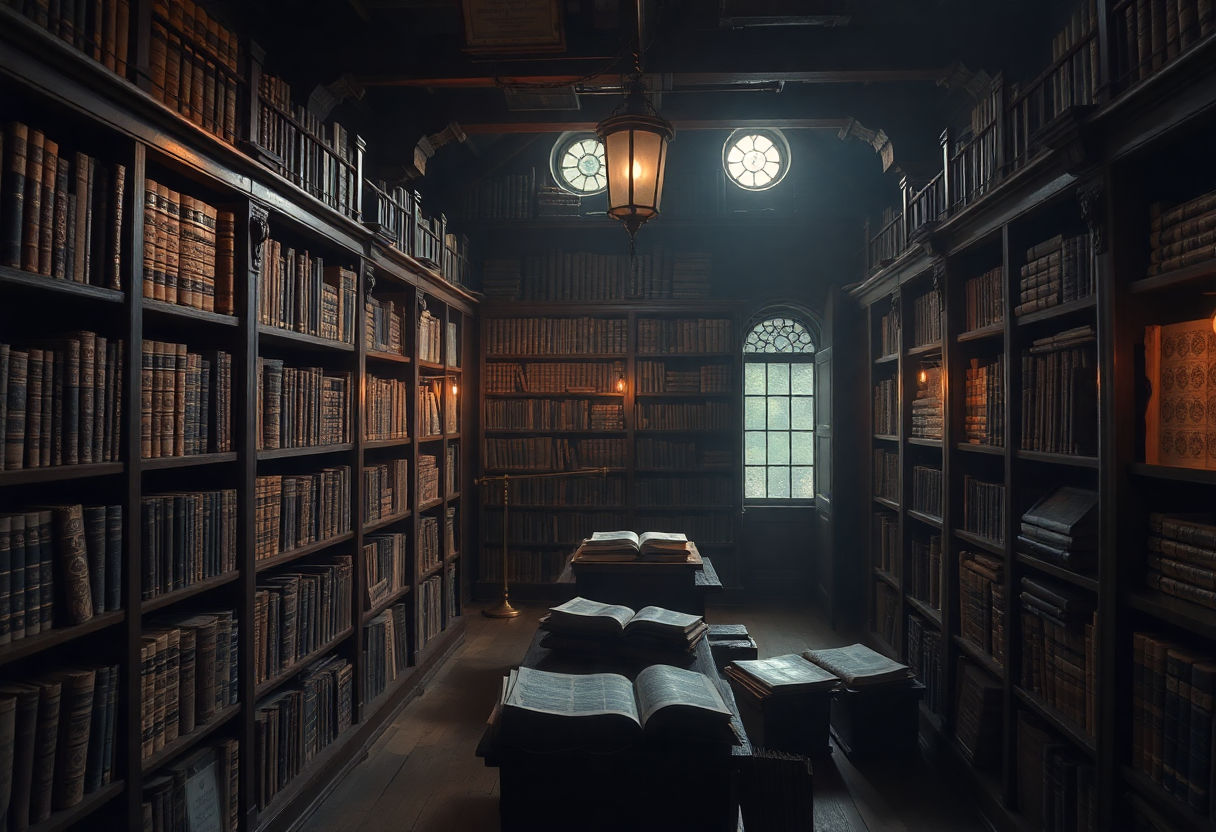 A dimly lit library with ancient manuscripts