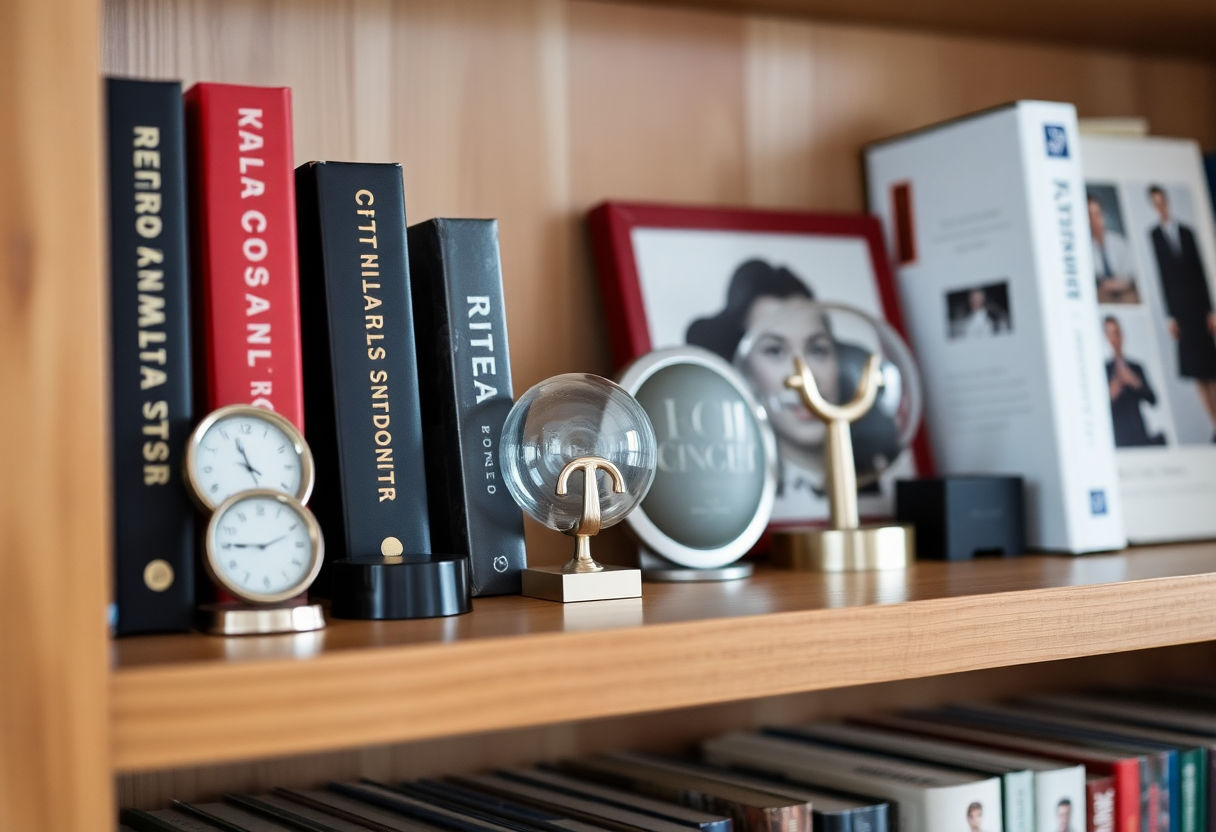 Personal mementos on a stylish bookshelf