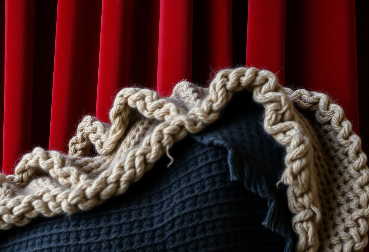 Close-up of a velvet curtain and wool throw in rich colors